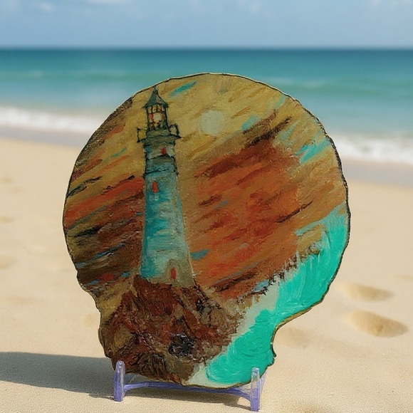Handmade Lighthouse Scallop Shell Art – Coastal Decor - Picture 1 of 5